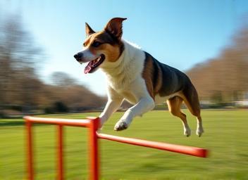 Chien franchissant une haie d'agility avec plaisir