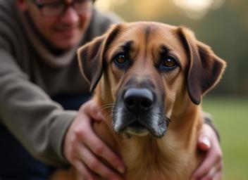 Éducateur calmant un chien anxieux