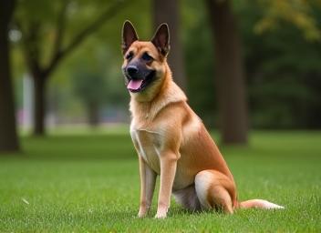 Chien assis dans un parc, éducateur à côté